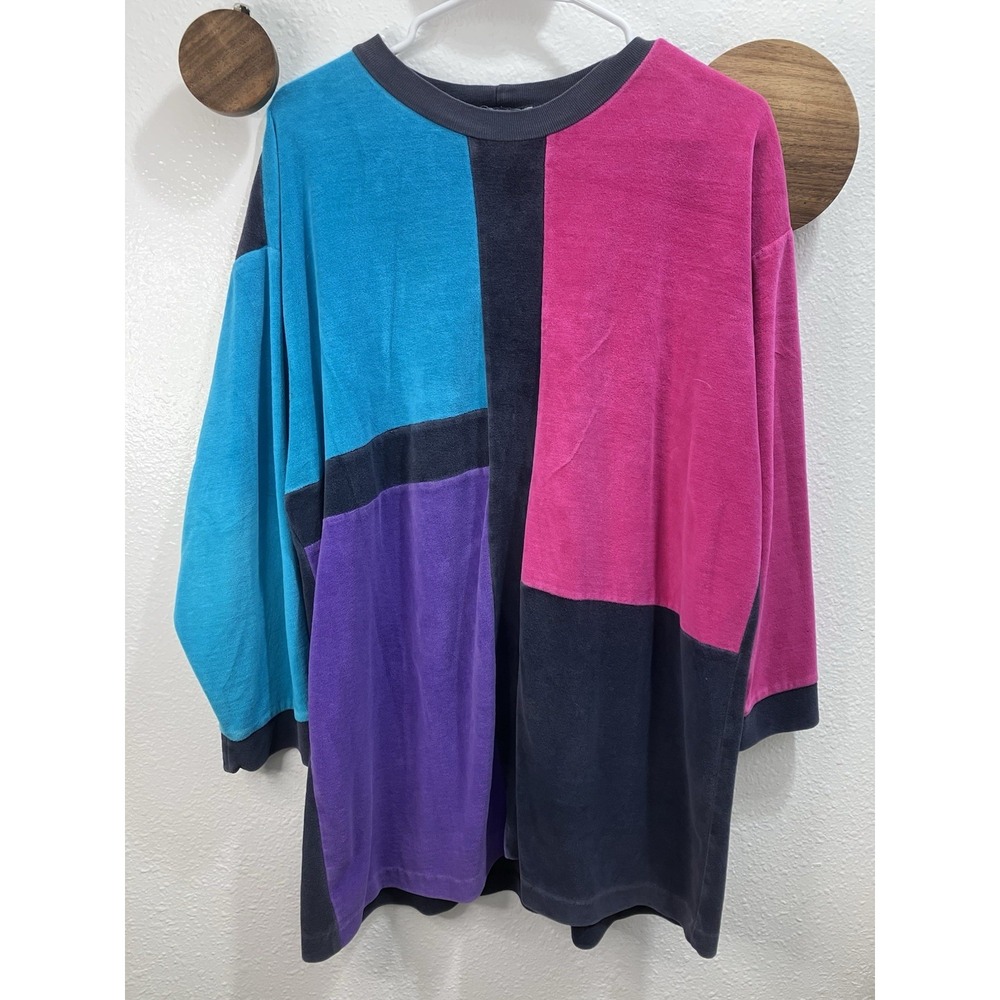 Vintage 90s Color Block Sweatshirt Jaclyn Sport Top Soft Velvet Womens XL USA
